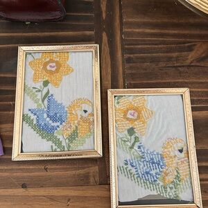 Two vintage frames with bird and flower embroidery